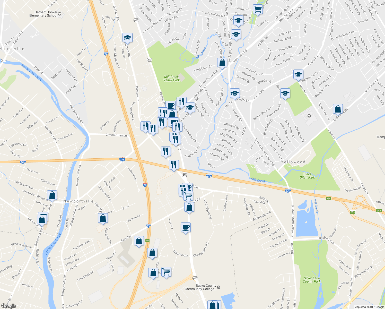 map of restaurants, bars, coffee shops, grocery stores, and more near 22 Plumbridge Drive in Levittown