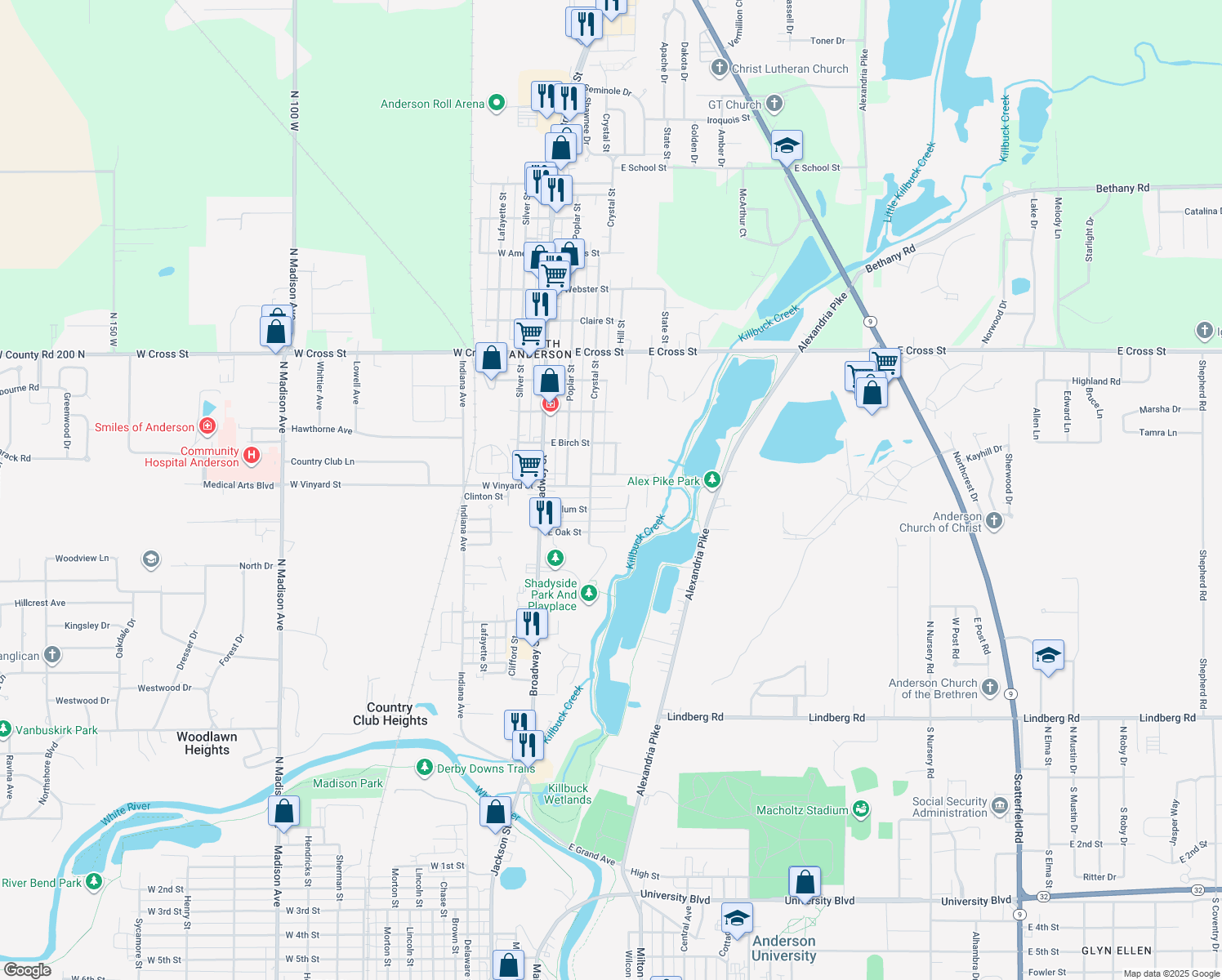 map of restaurants, bars, coffee shops, grocery stores, and more near 225 East Vinyard Street in Anderson