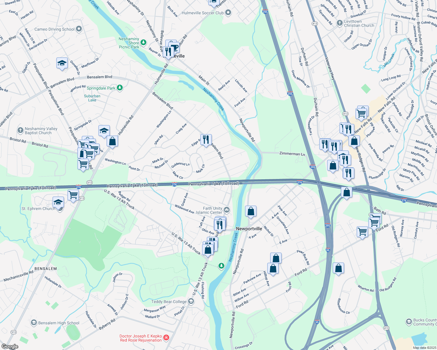 map of restaurants, bars, coffee shops, grocery stores, and more near 6241 Lewisville Avenue in Bensalem