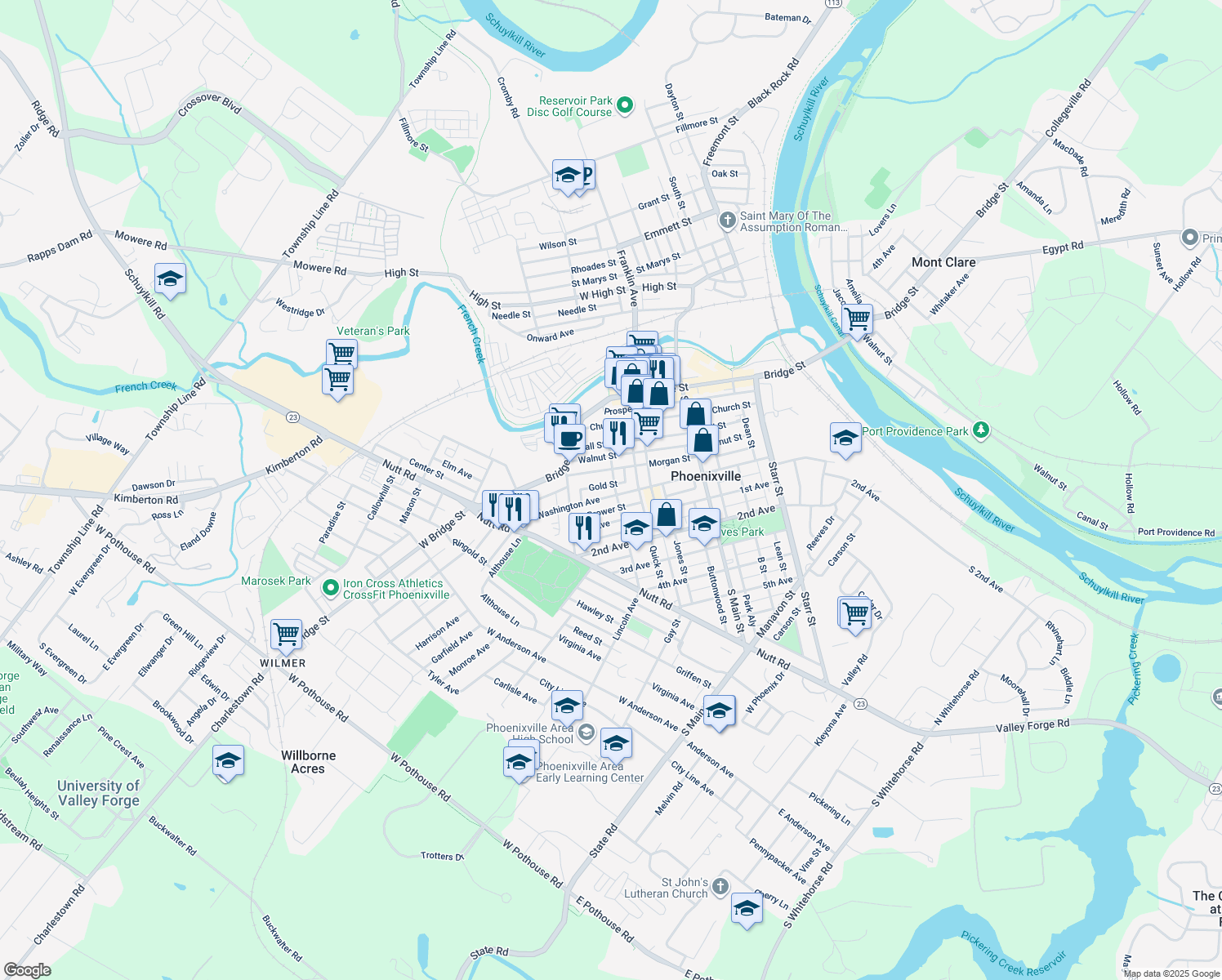 map of restaurants, bars, coffee shops, grocery stores, and more near 349 Washington Avenue in Phoenixville