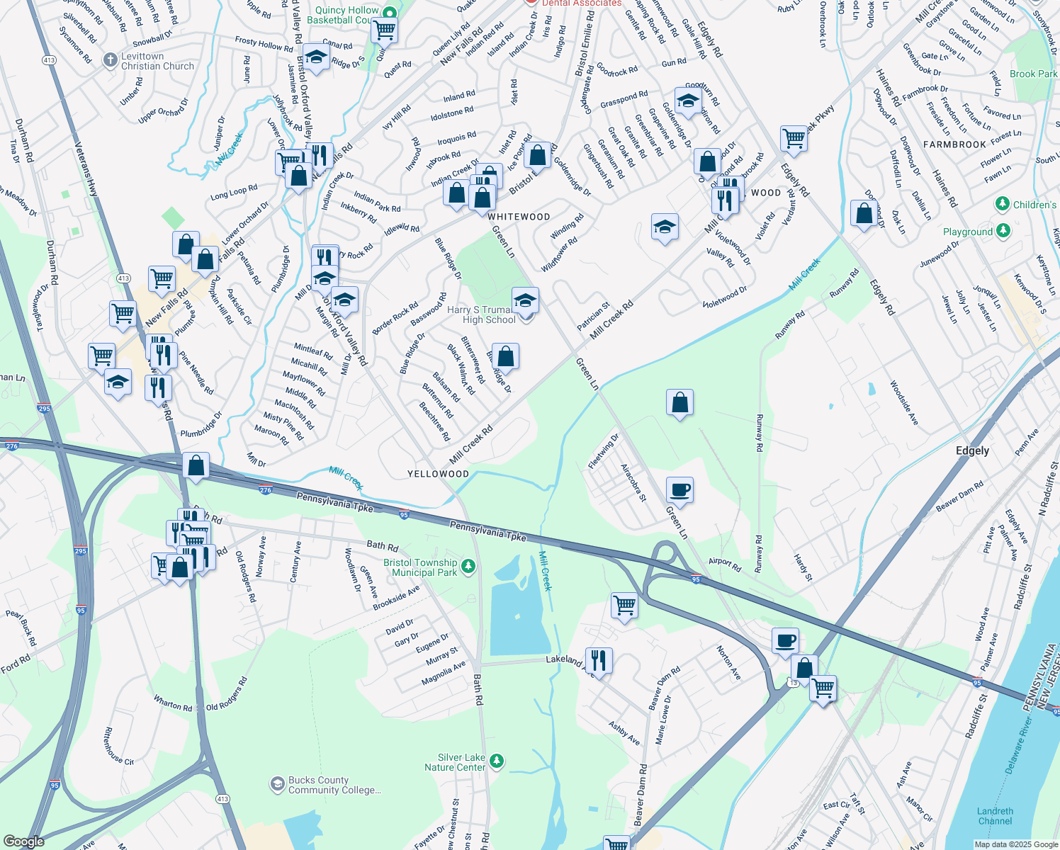 map of restaurants, bars, coffee shops, grocery stores, and more near 66 Yellowood Dr in Levittown