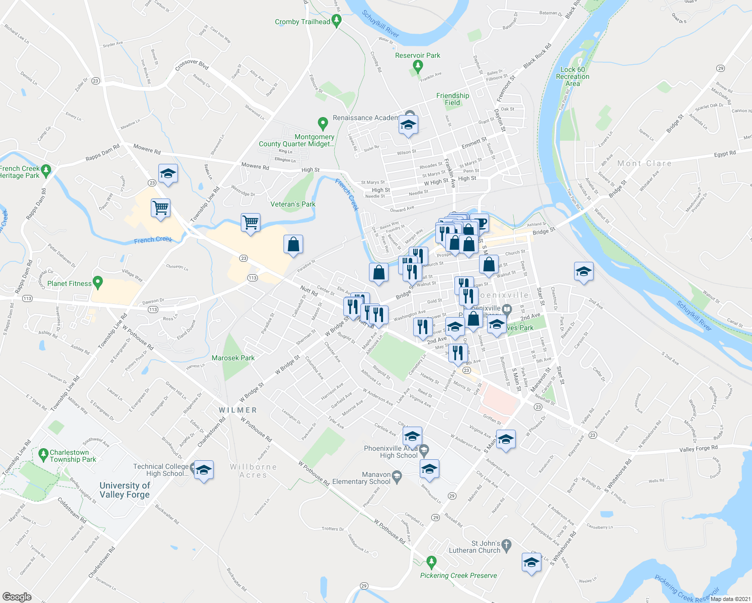 map of restaurants, bars, coffee shops, grocery stores, and more near 607 Bridge Street in Phoenixville