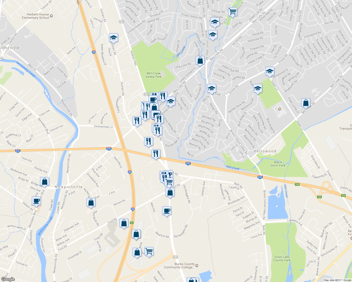 map of restaurants, bars, coffee shops, grocery stores, and more near 37 Plumbridge Drive in Levittown