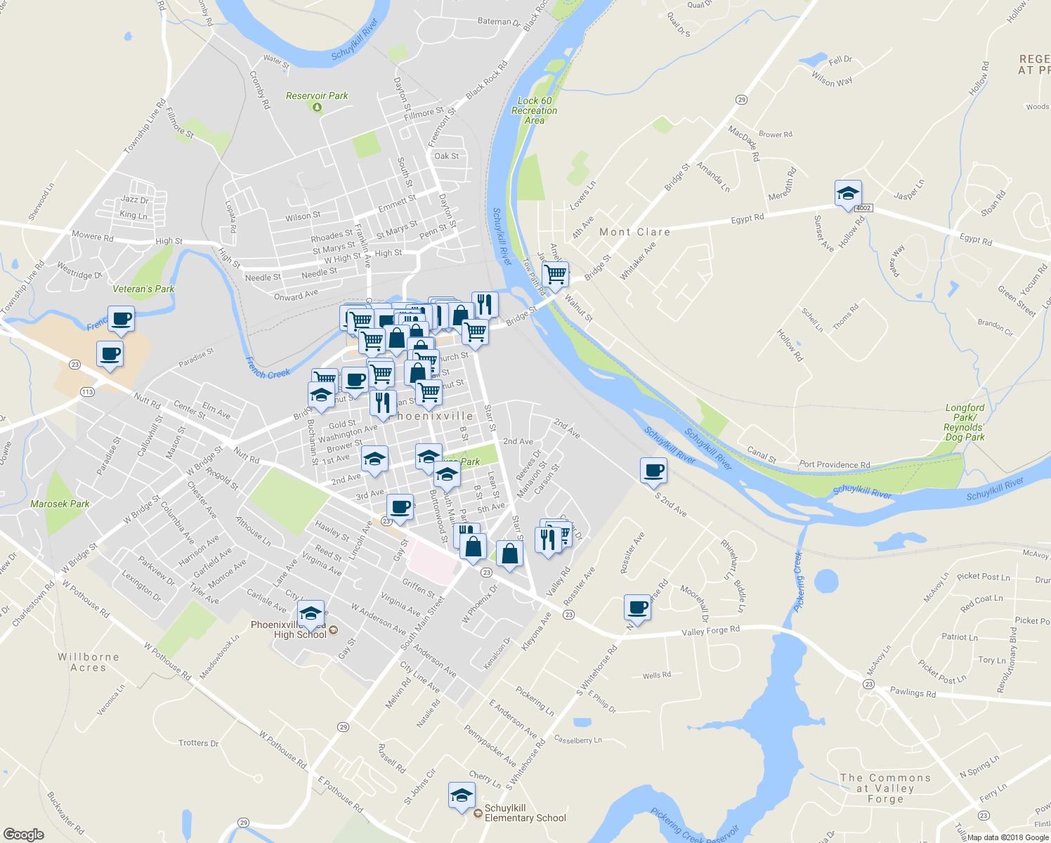 map of restaurants, bars, coffee shops, grocery stores, and more near 308 Locust Drive in Phoenixville