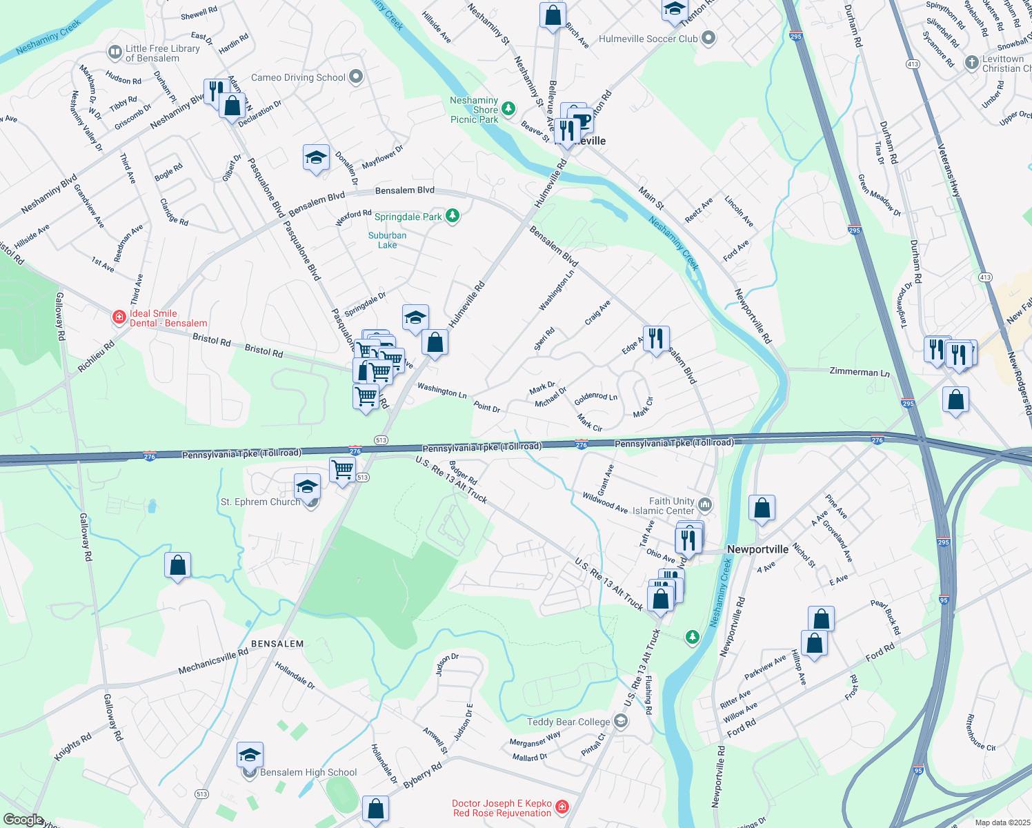 map of restaurants, bars, coffee shops, grocery stores, and more near 1657 Point Drive in Bensalem