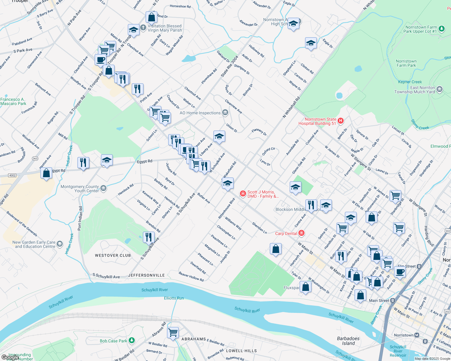 map of restaurants, bars, coffee shops, grocery stores, and more near 10 North Wakefield Road in Norristown