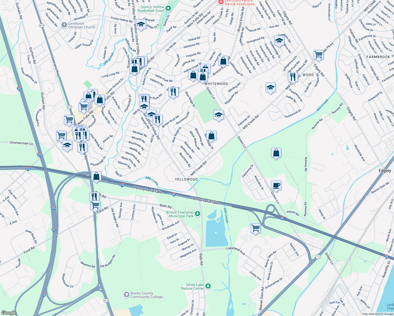 map of restaurants, bars, coffee shops, grocery stores, and more near 9 Balsam Road in Levittown