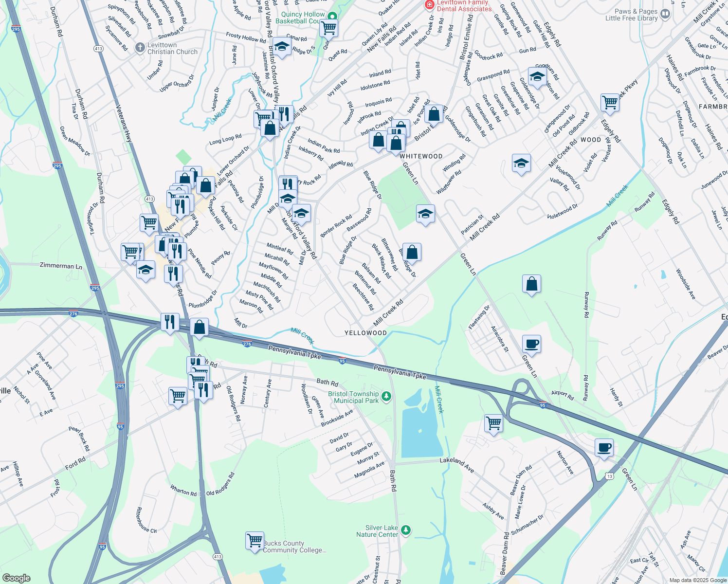 map of restaurants, bars, coffee shops, grocery stores, and more near 28 Beechtree Road in Levittown