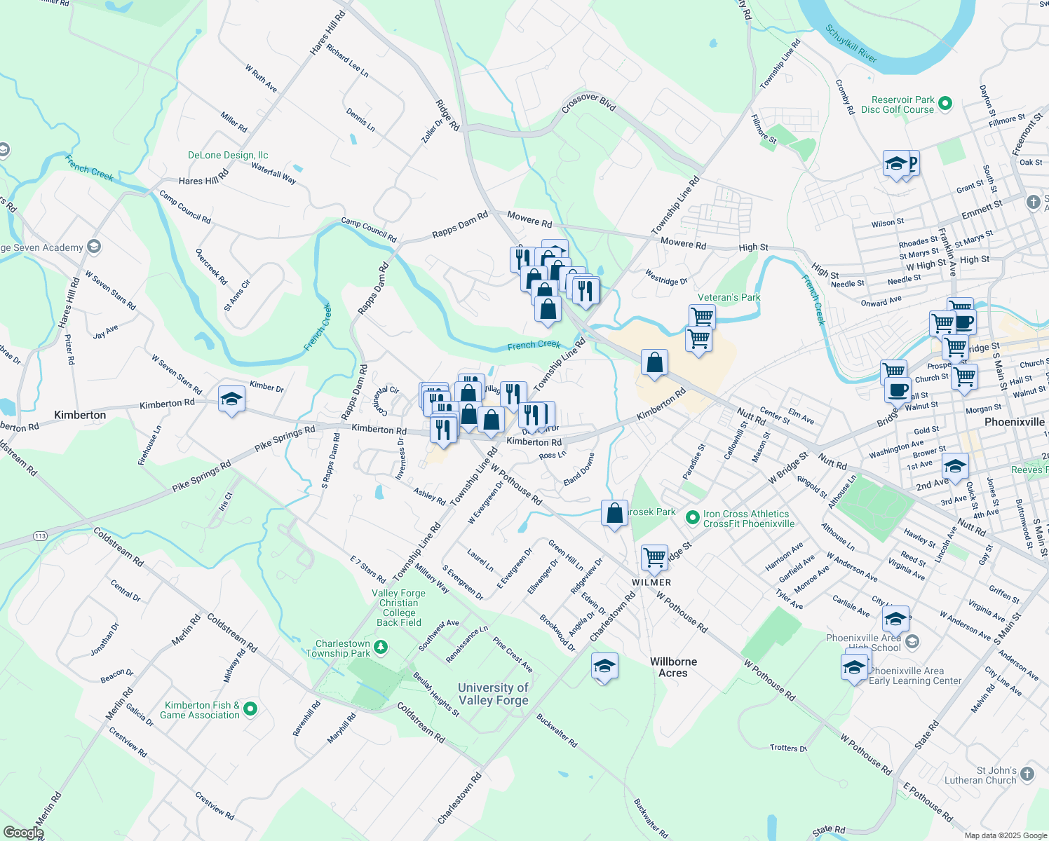 map of restaurants, bars, coffee shops, grocery stores, and more near 1070 Township Line Road in Phoenixville
