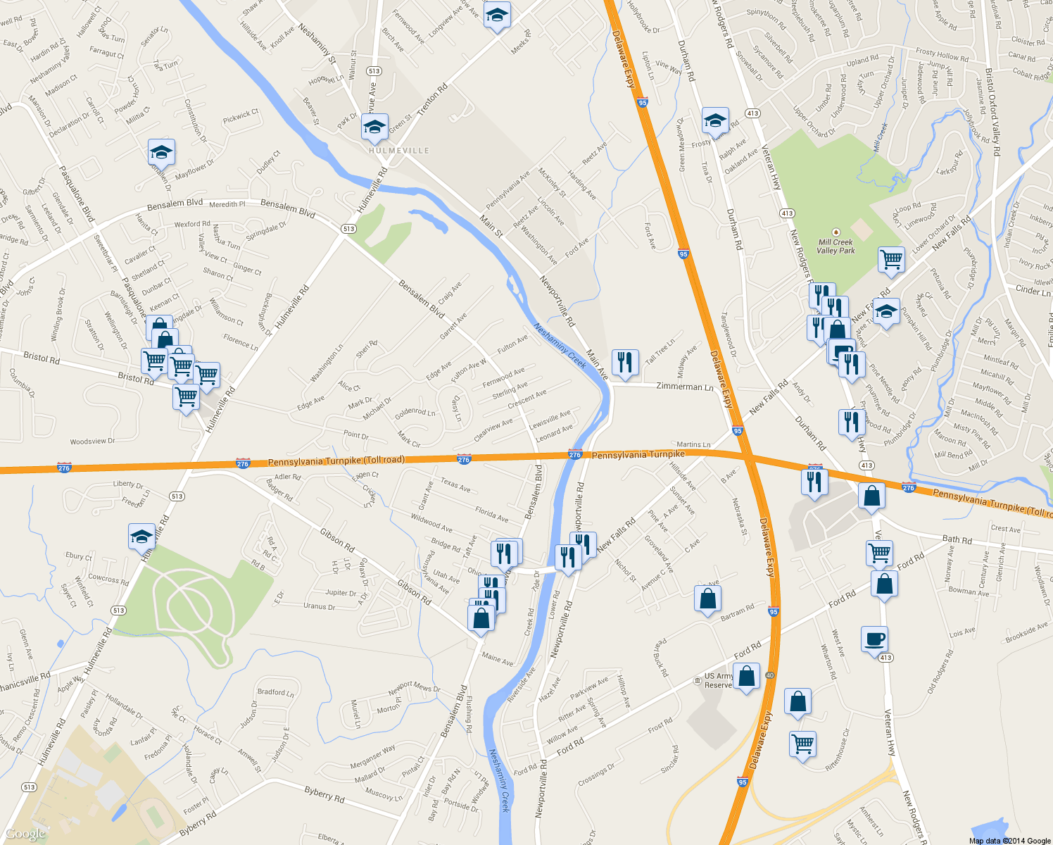 map of restaurants, bars, coffee shops, grocery stores, and more near 1119 Bensalem Boulevard in Bensalem