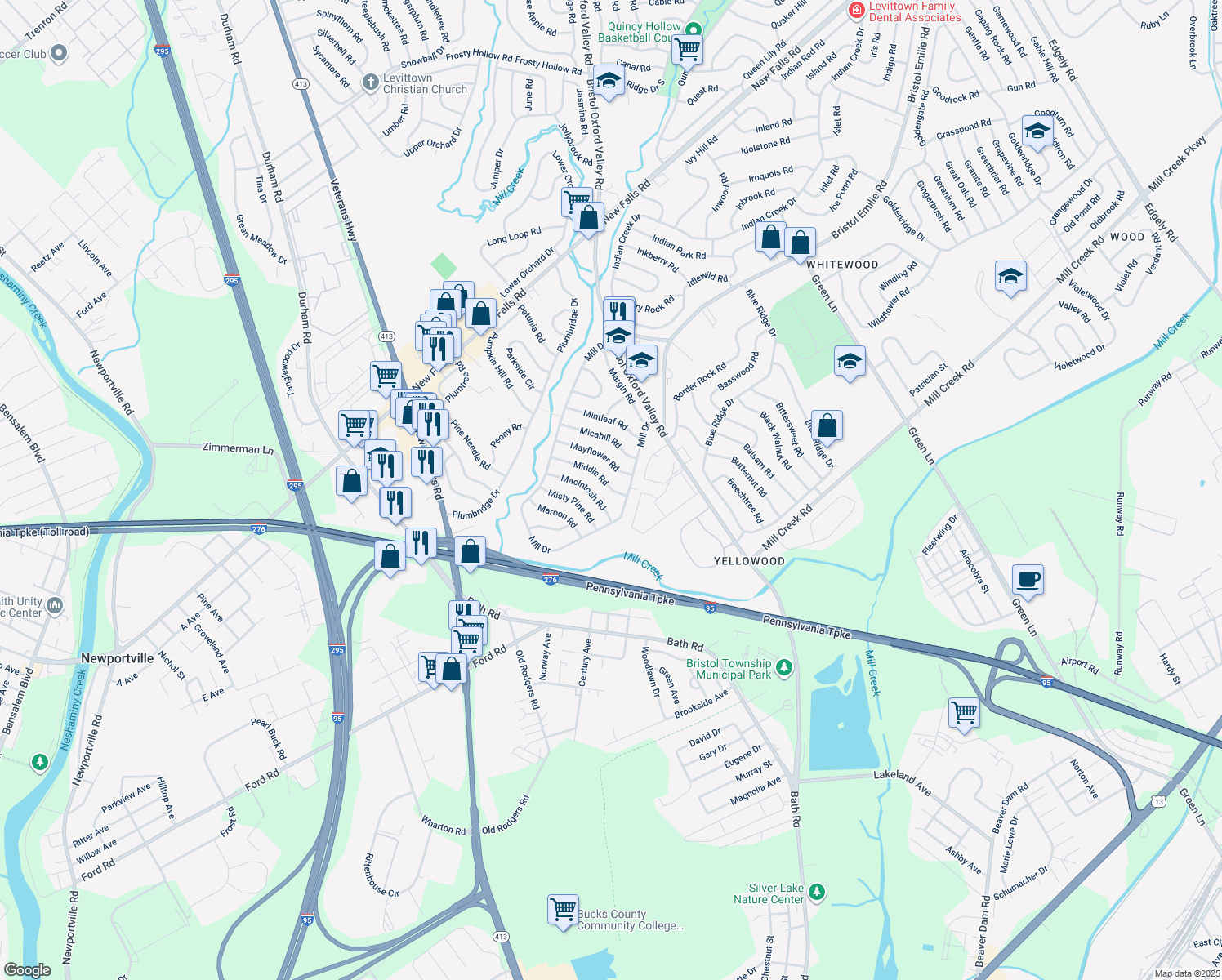 map of restaurants, bars, coffee shops, grocery stores, and more near 20 Middle Rd in Levittown
