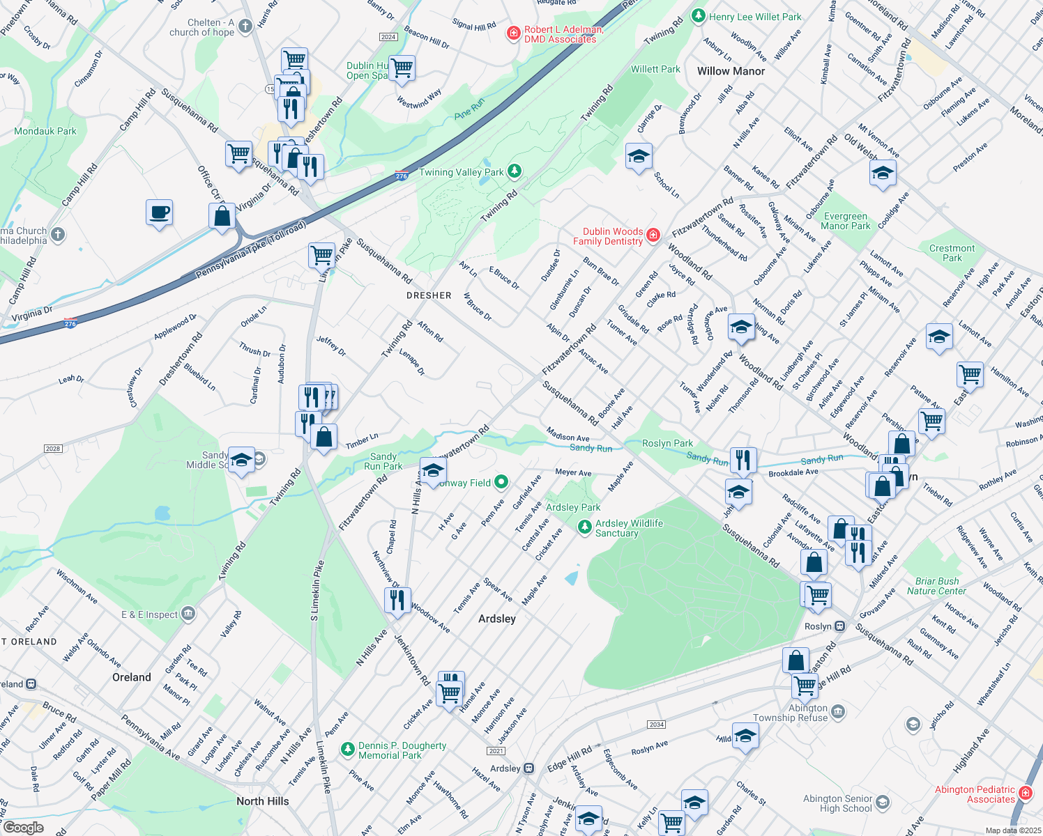 map of restaurants, bars, coffee shops, grocery stores, and more near 3036 David Drive in Abington
