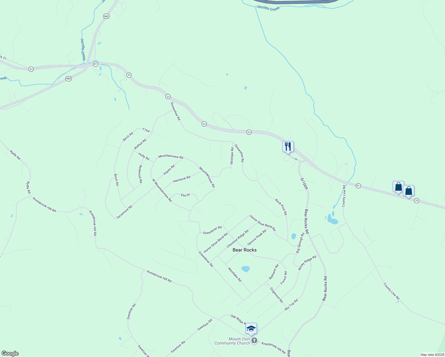 map of restaurants, bars, coffee shops, grocery stores, and more near 1598 Skislope Road in Bear Rocks
