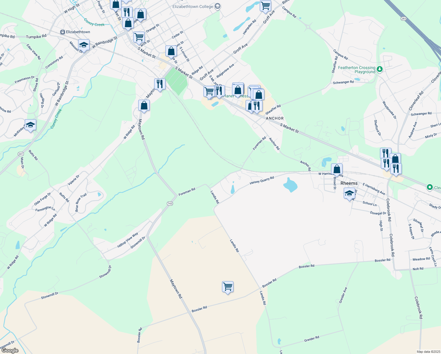 map of restaurants, bars, coffee shops, grocery stores, and more near 200 Foreman Rd in Elizabethtown