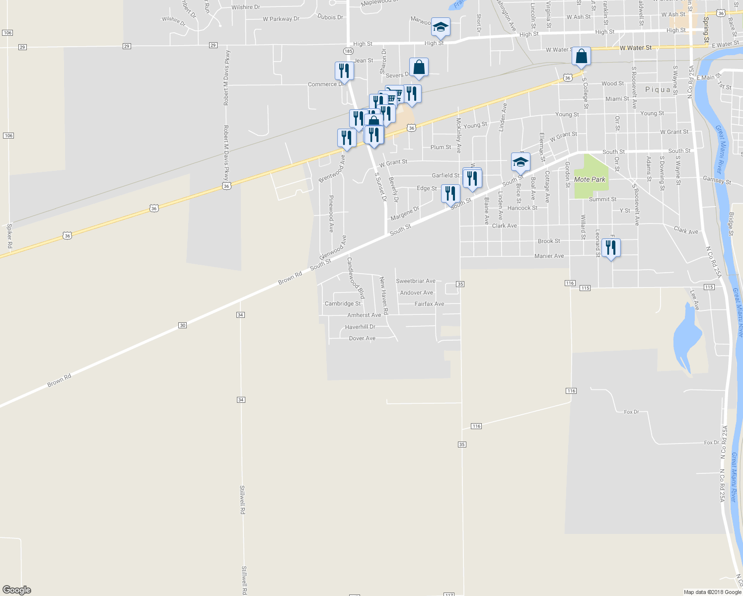 map of restaurants, bars, coffee shops, grocery stores, and more near 914 Falmouth Road in Piqua