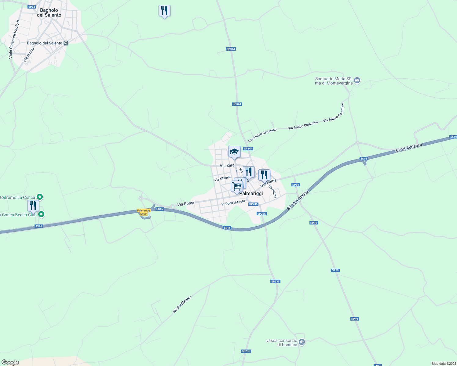 map of restaurants, bars, coffee shops, grocery stores, and more near 4 Via L. Maggiulli in Palmariggi