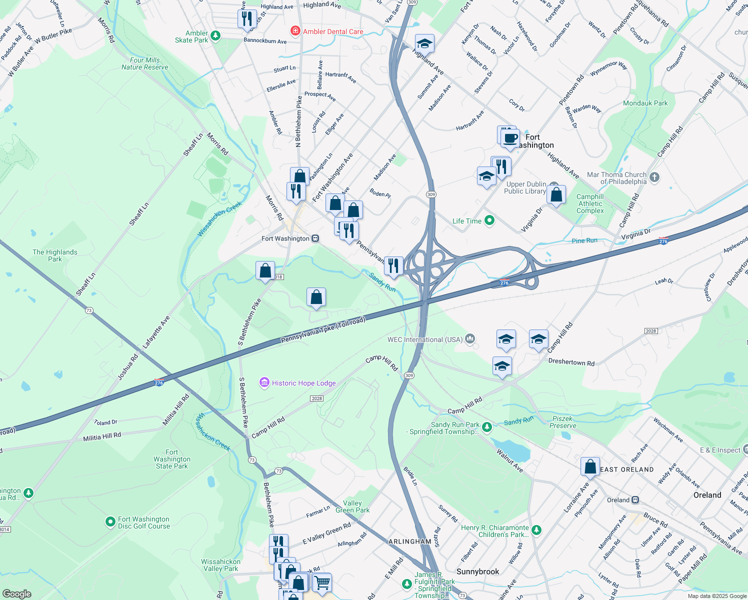 map of restaurants, bars, coffee shops, grocery stores, and more near 476 Fort Hill Circle in Fort Washington