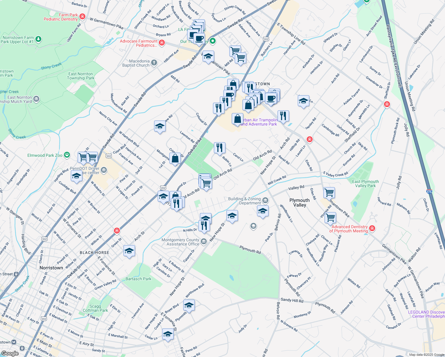 map of restaurants, bars, coffee shops, grocery stores, and more near 2120 Old Arch Road in Norristown