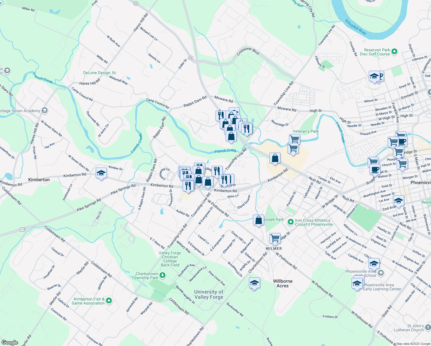 map of restaurants, bars, coffee shops, grocery stores, and more near 115 Village Way in Phoenixville