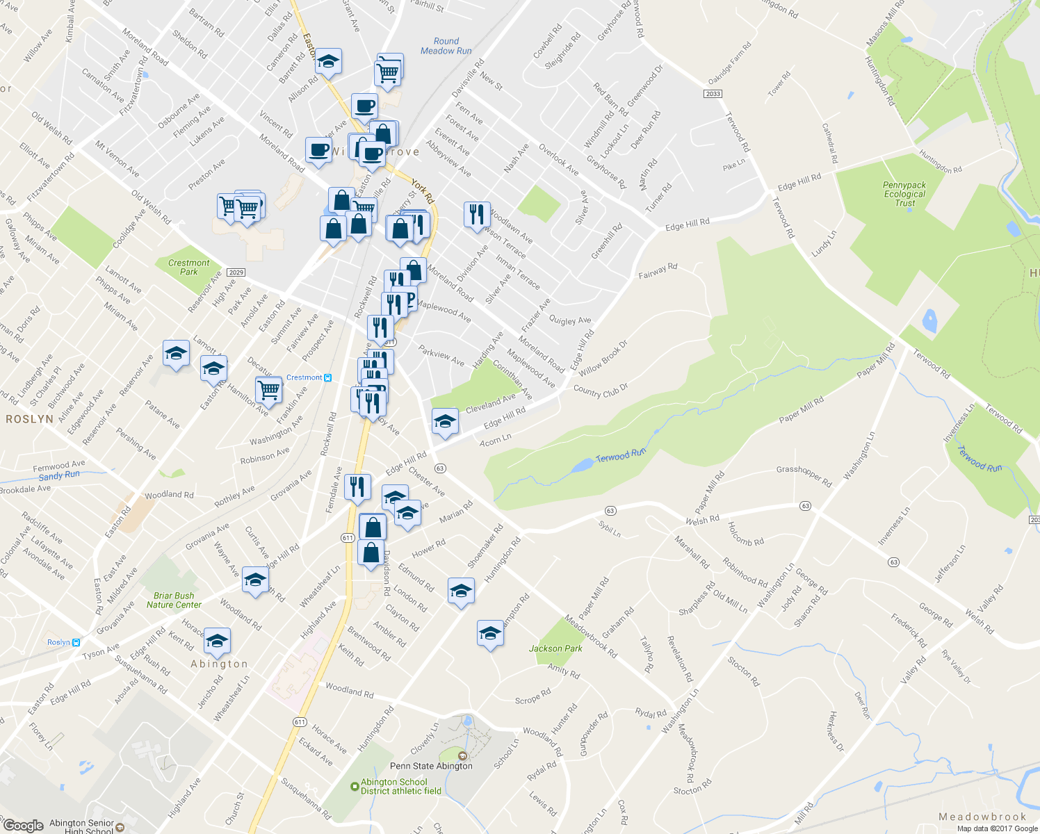map of restaurants, bars, coffee shops, grocery stores, and more near 1867 Edge Hill Road in Abington