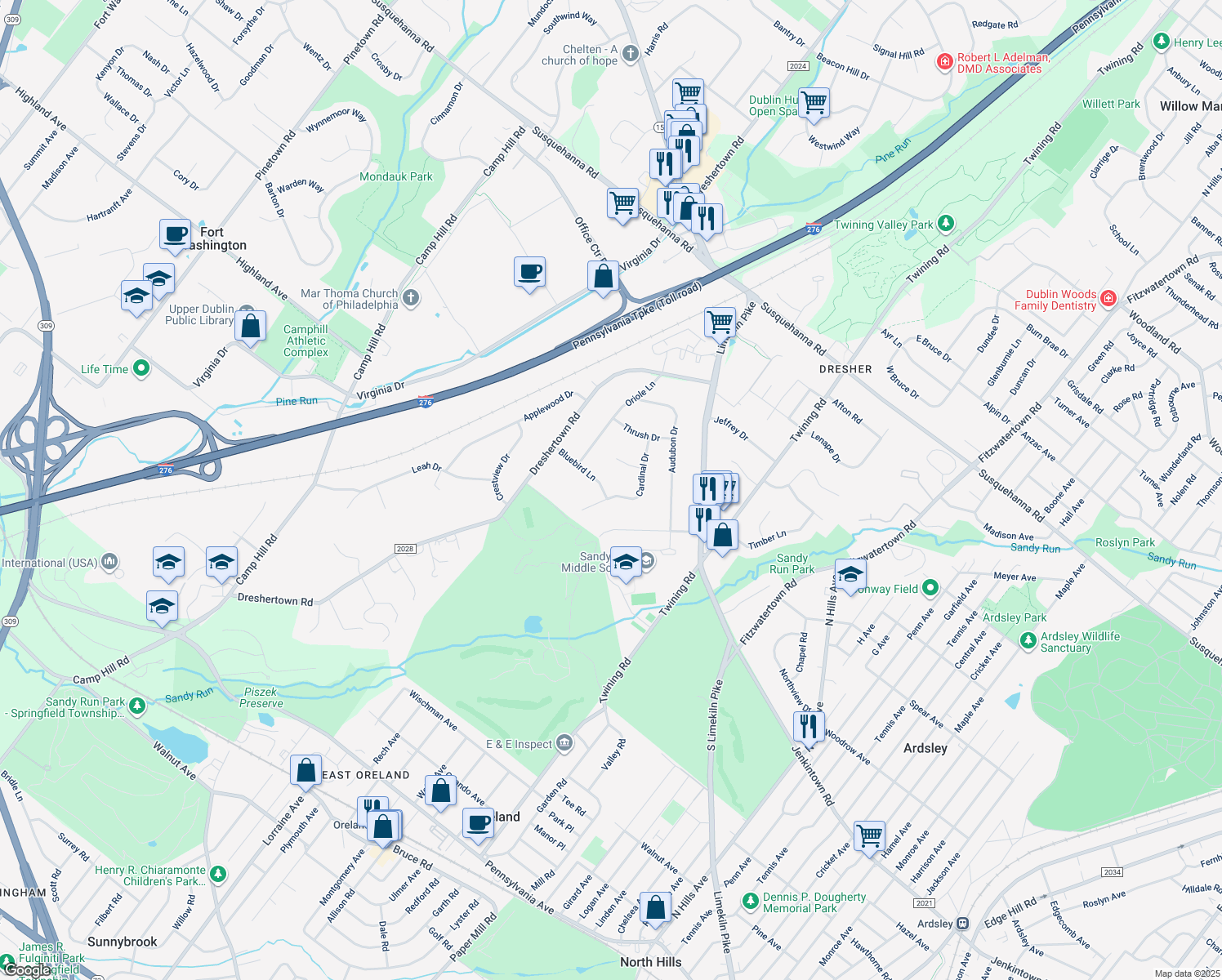 map of restaurants, bars, coffee shops, grocery stores, and more near 524 Cardinal Drive in Dresher