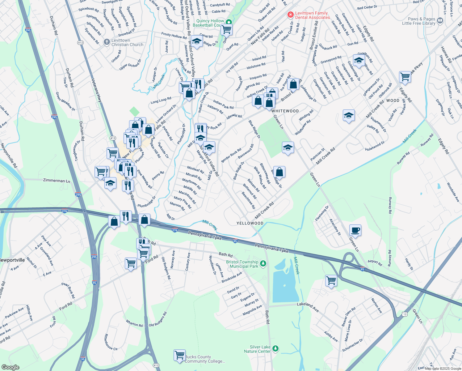 map of restaurants, bars, coffee shops, grocery stores, and more near 156 Blue Ridge Drive in Levittown