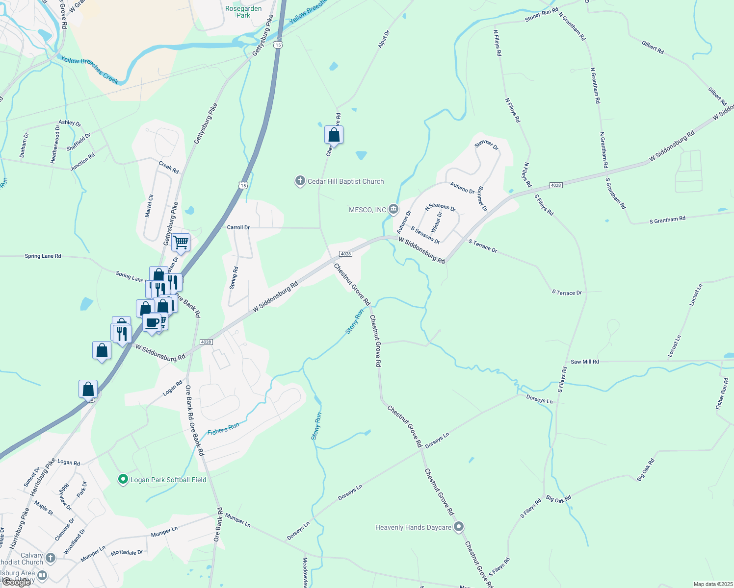 map of restaurants, bars, coffee shops, grocery stores, and more near 223 Chestnut Grove Road in Dillsburg