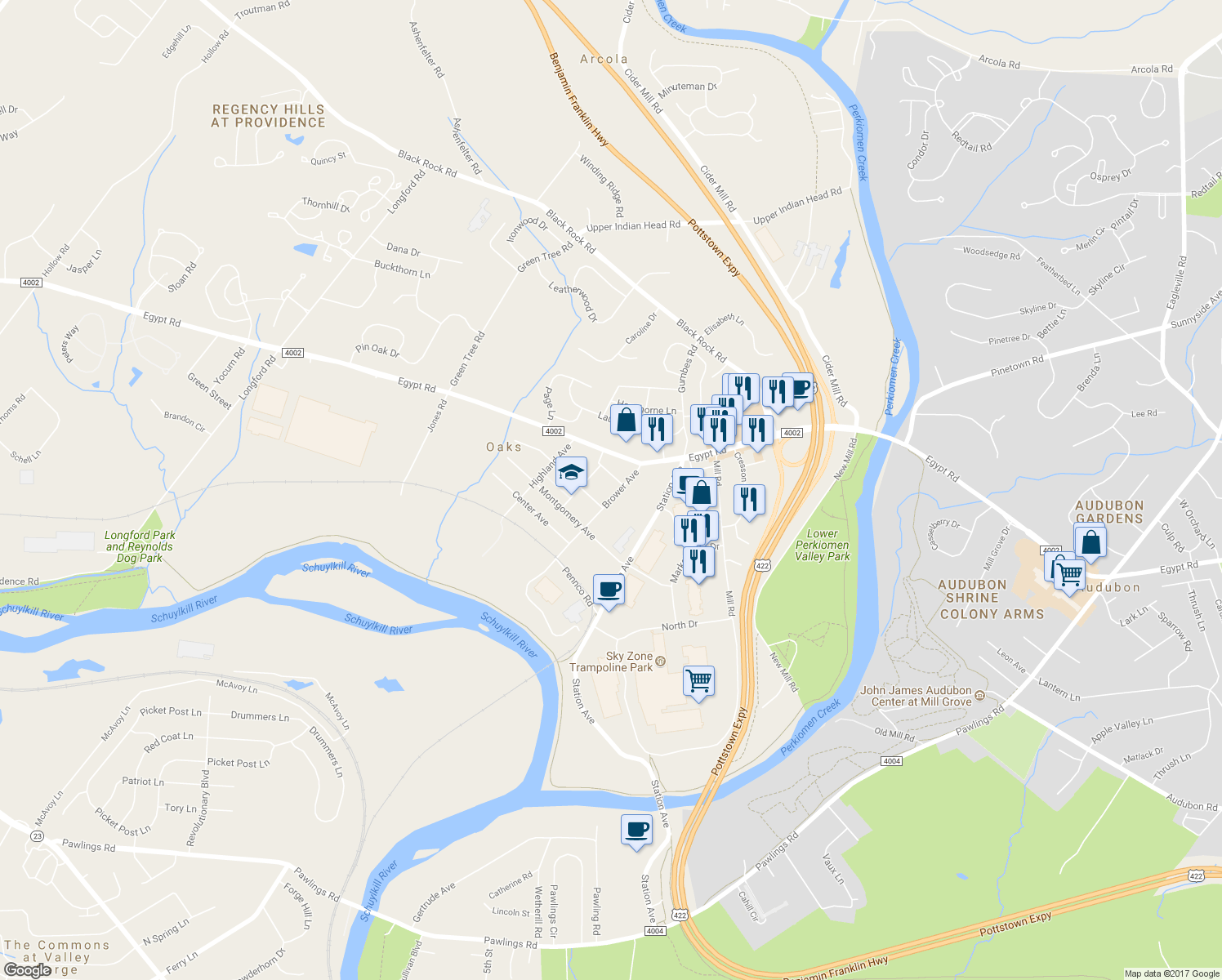 map of restaurants, bars, coffee shops, grocery stores, and more near 410 Brower Avenue in Phoenixville