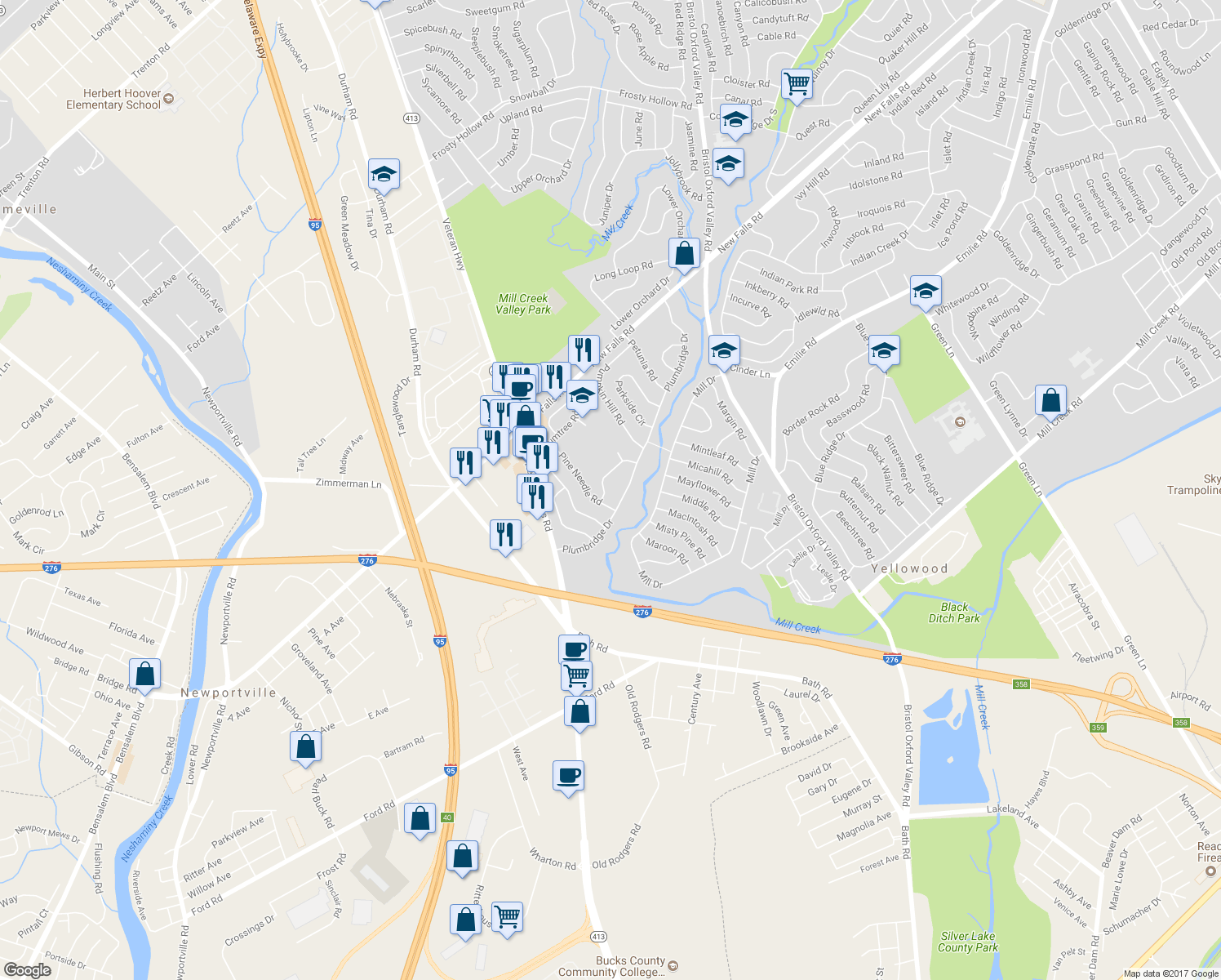 map of restaurants, bars, coffee shops, grocery stores, and more near 8 Peony Road in Levittown