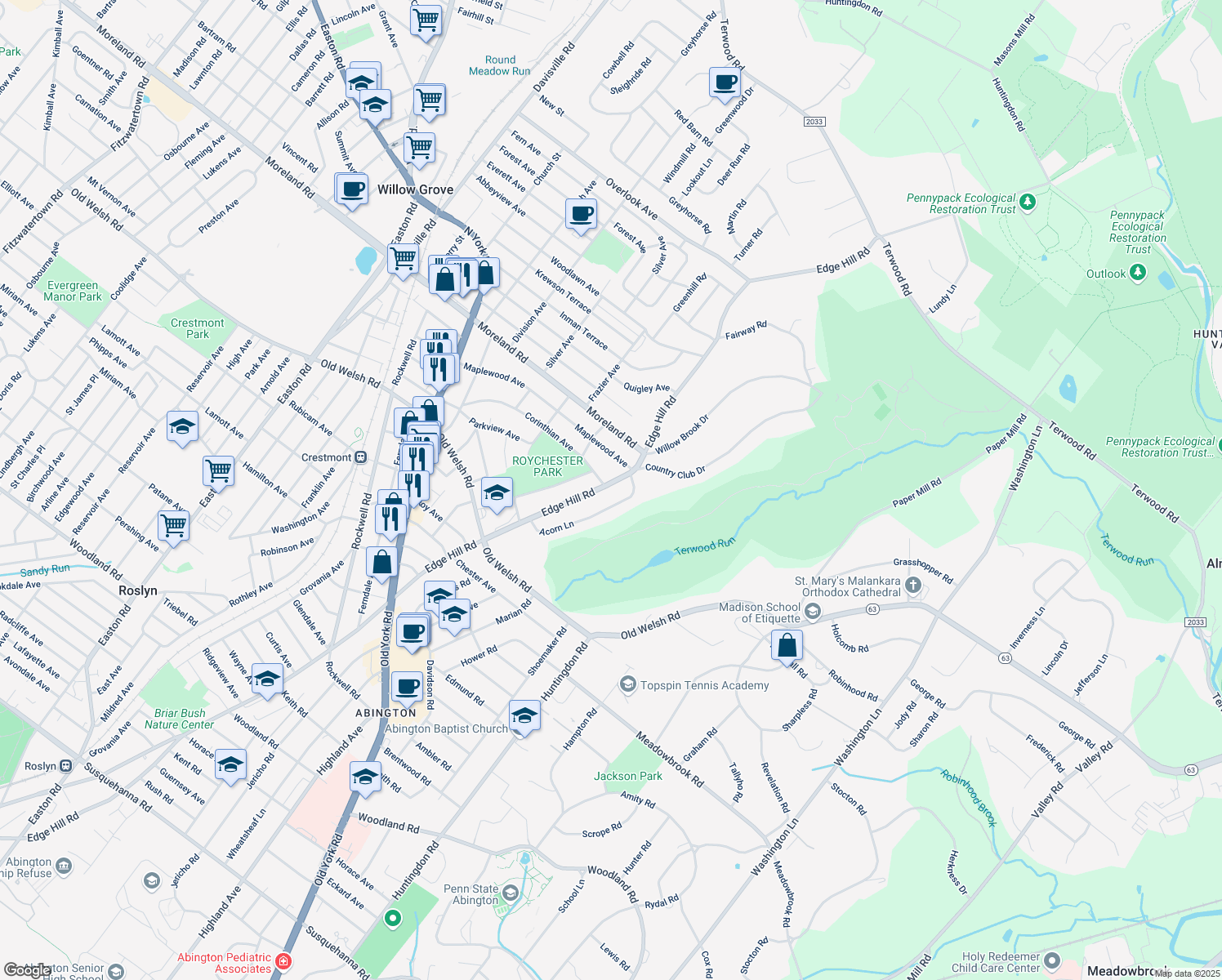 map of restaurants, bars, coffee shops, grocery stores, and more near 1907 Edge Hill Road in Abington
