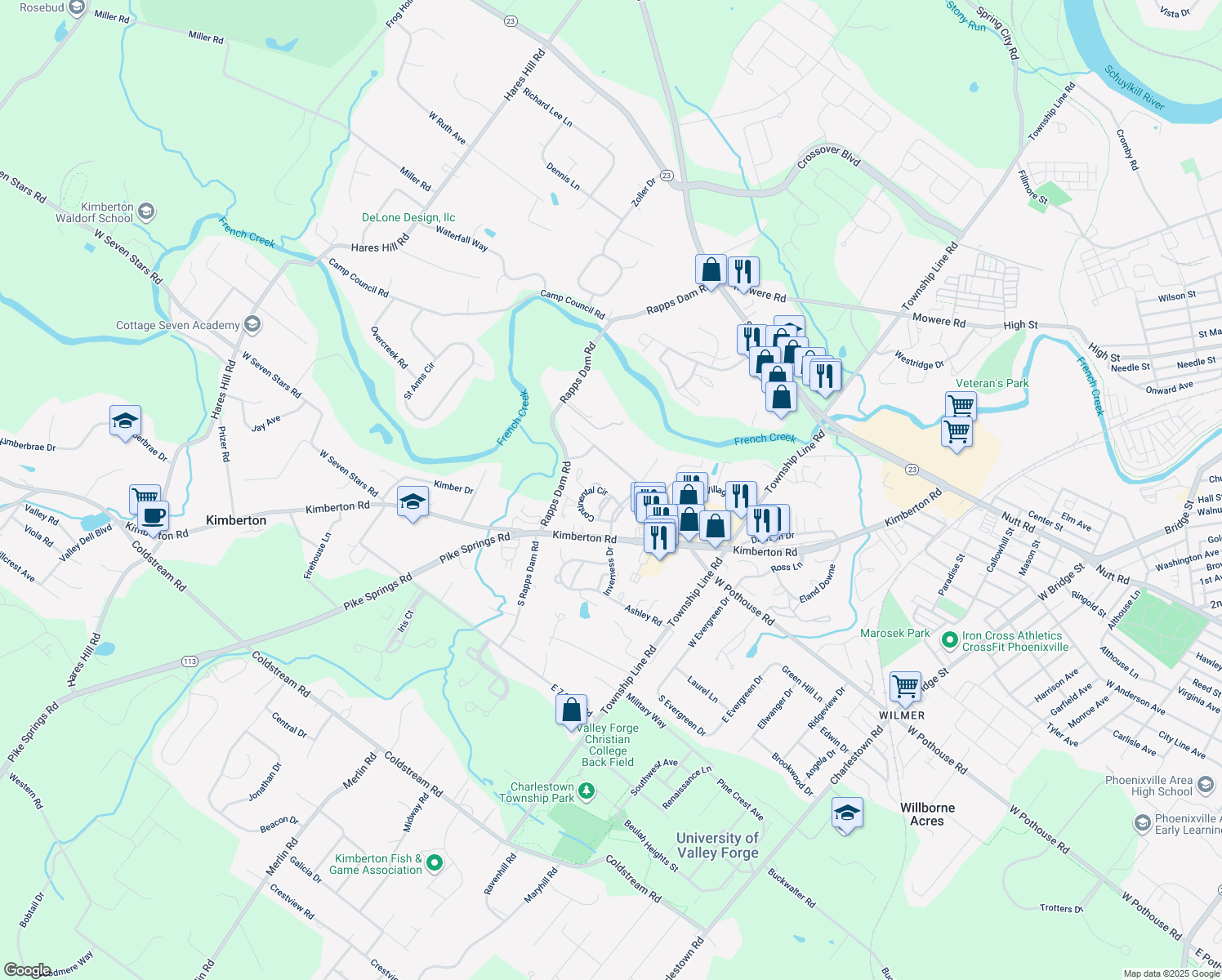 map of restaurants, bars, coffee shops, grocery stores, and more near 1423 Continental Circle in Phoenixville