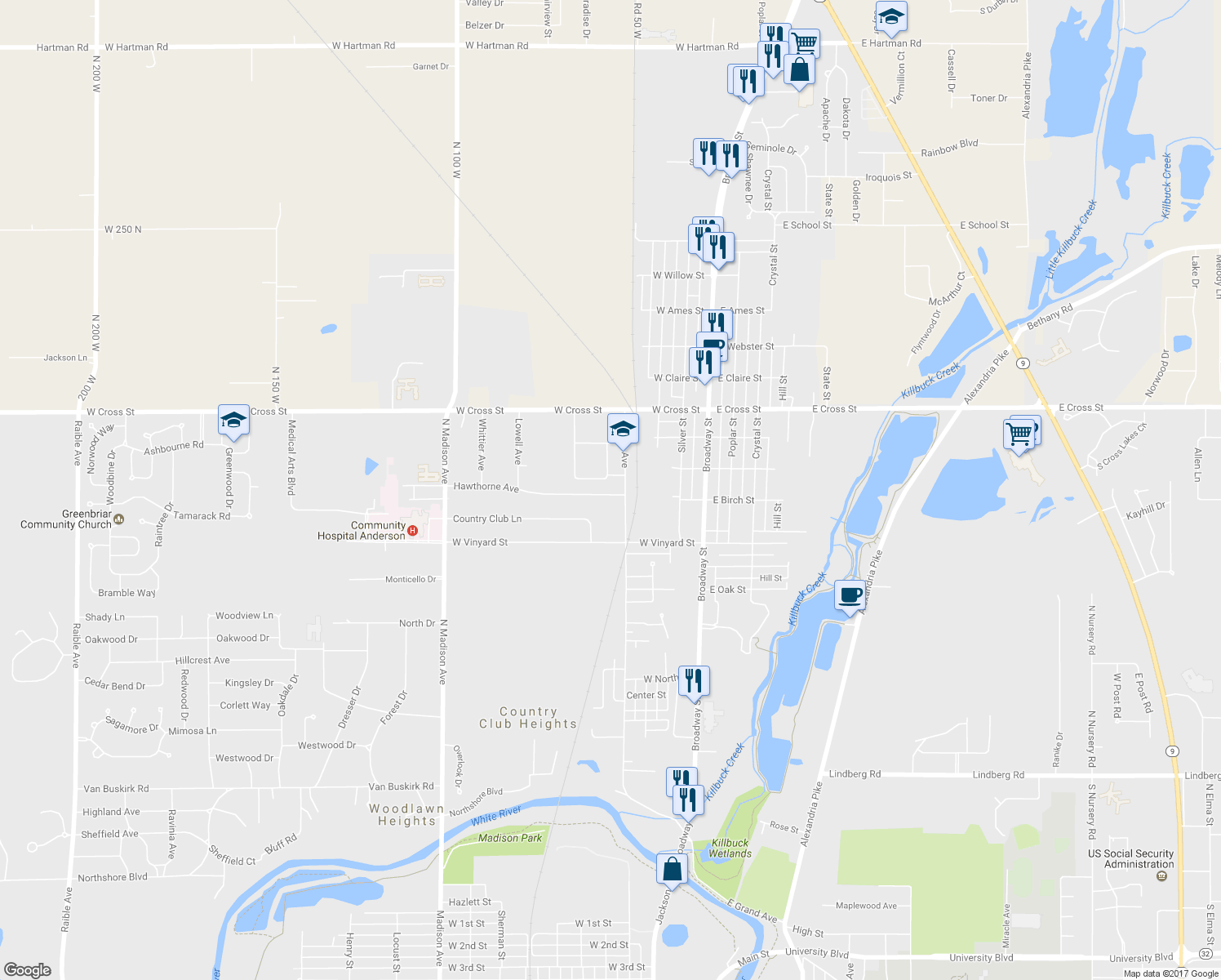 map of restaurants, bars, coffee shops, grocery stores, and more near 318 Hawthorne Avenue in Anderson