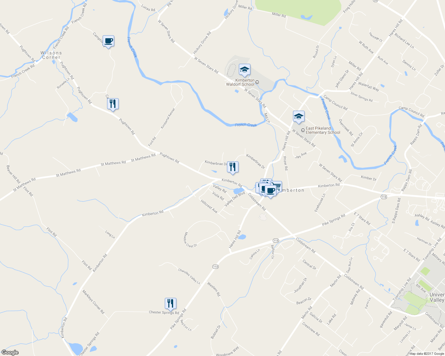 map of restaurants, bars, coffee shops, grocery stores, and more near 2021 Kimberton Road in Phoenixville