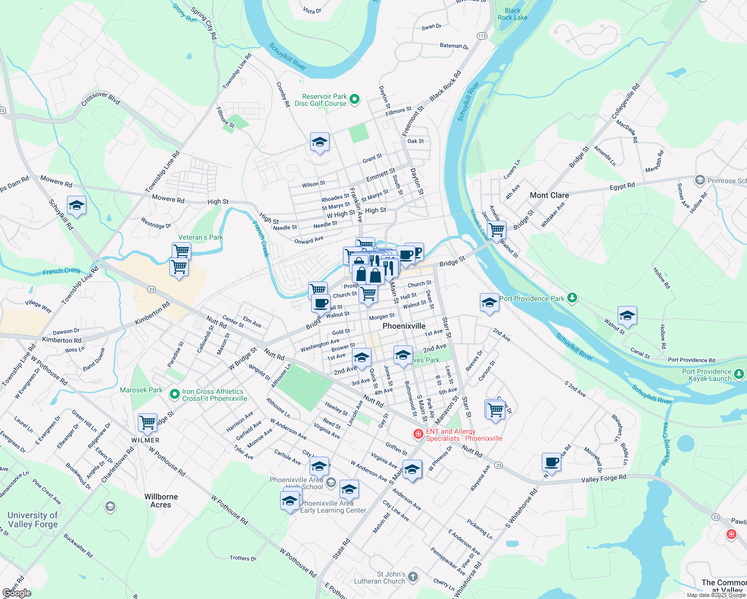 map of restaurants, bars, coffee shops, grocery stores, and more near 251 Hall Street in Phoenixville