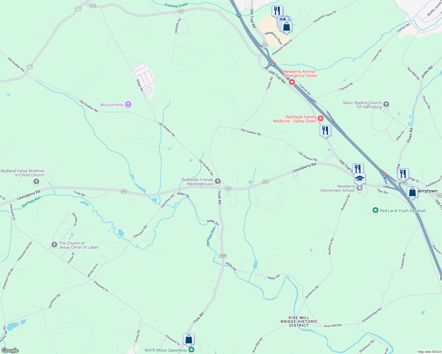 map of restaurants, bars, coffee shops, grocery stores, and more near 660 Old Quaker Road in Etters