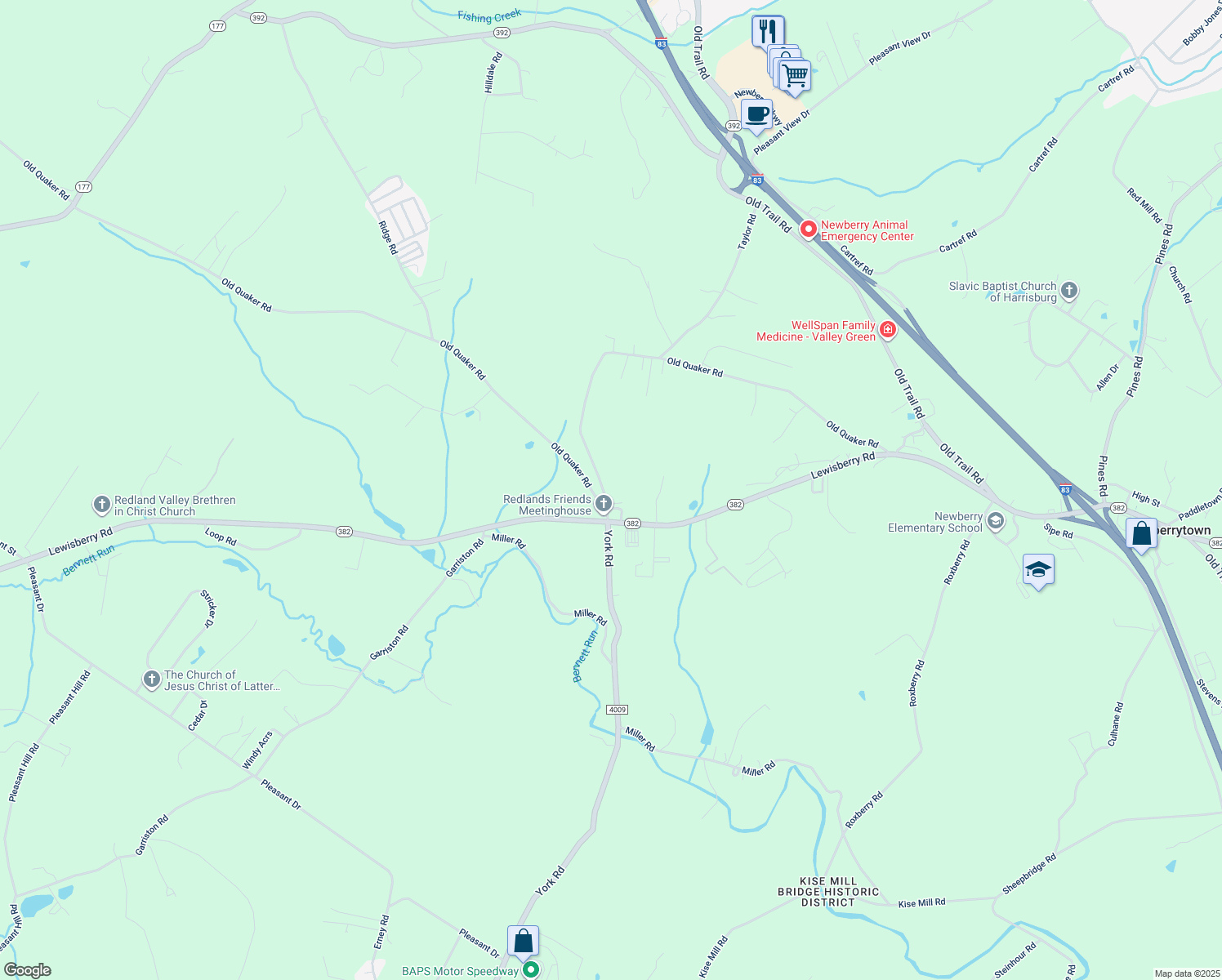 map of restaurants, bars, coffee shops, grocery stores, and more near 660 Old Quaker Road in Etters