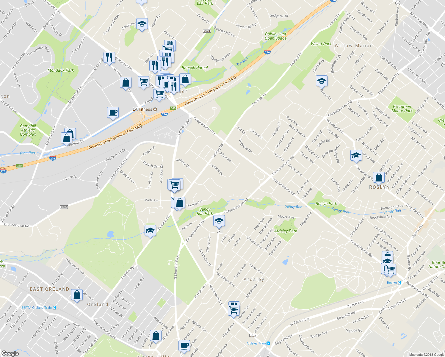 map of restaurants, bars, coffee shops, grocery stores, and more near 3250 Lenape Drive in Dresher