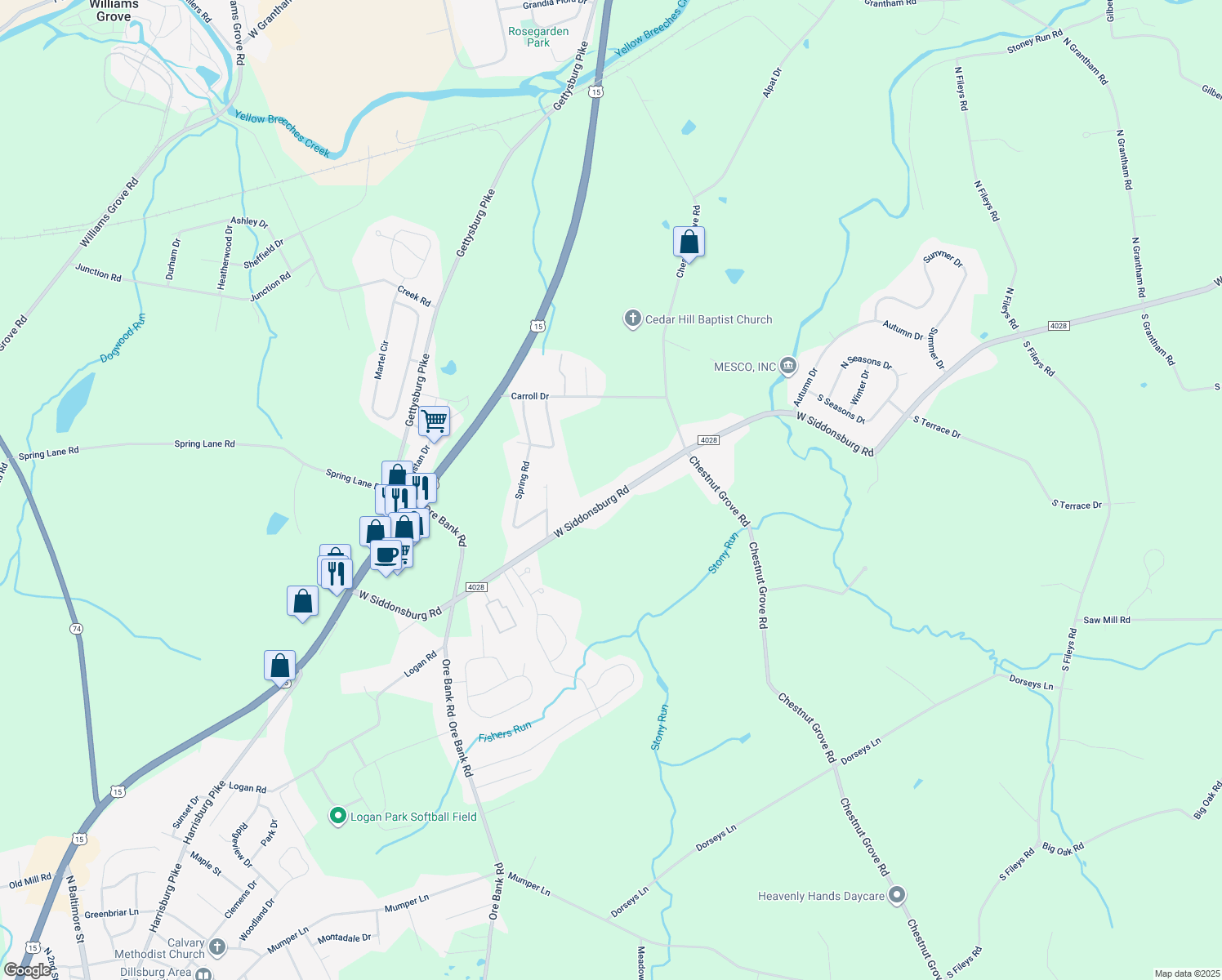 map of restaurants, bars, coffee shops, grocery stores, and more near 722 W Siddonsburg Rd in Dillsburg