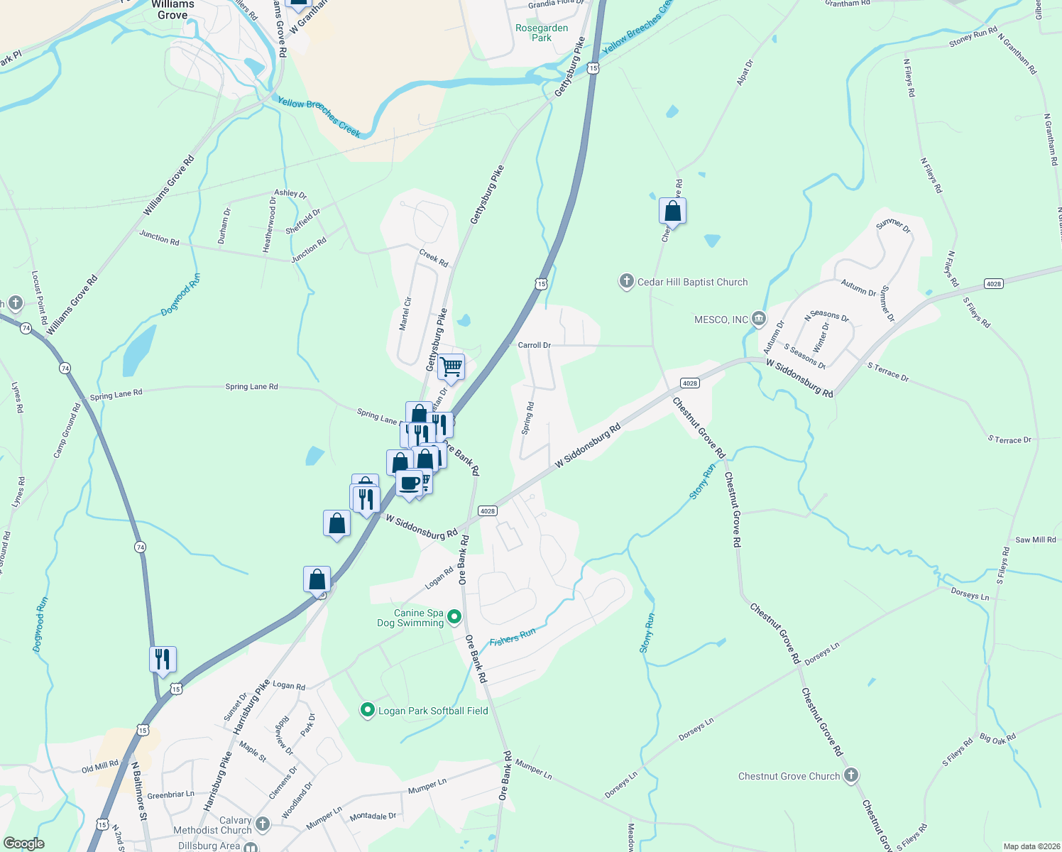 map of restaurants, bars, coffee shops, grocery stores, and more near 123 Spring Rd in Dillsburg