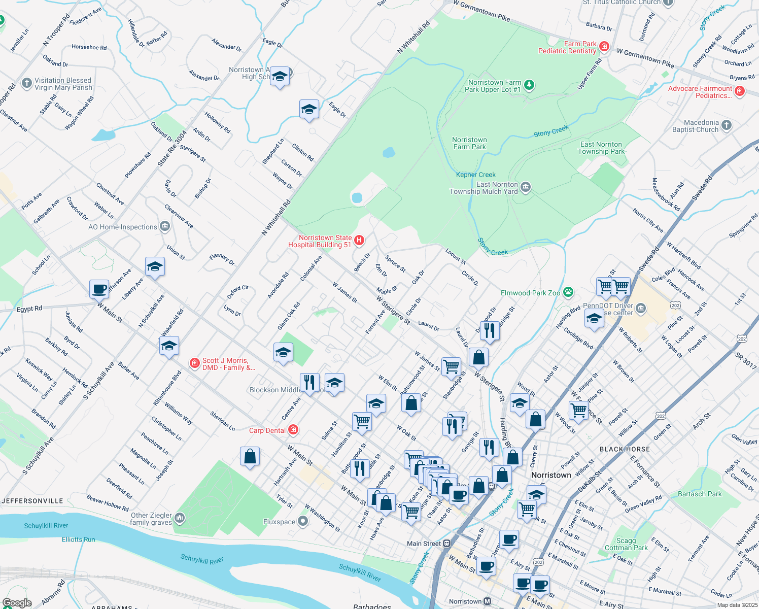 map of restaurants, bars, coffee shops, grocery stores, and more near 1402 Sterigere Street in Eagleville