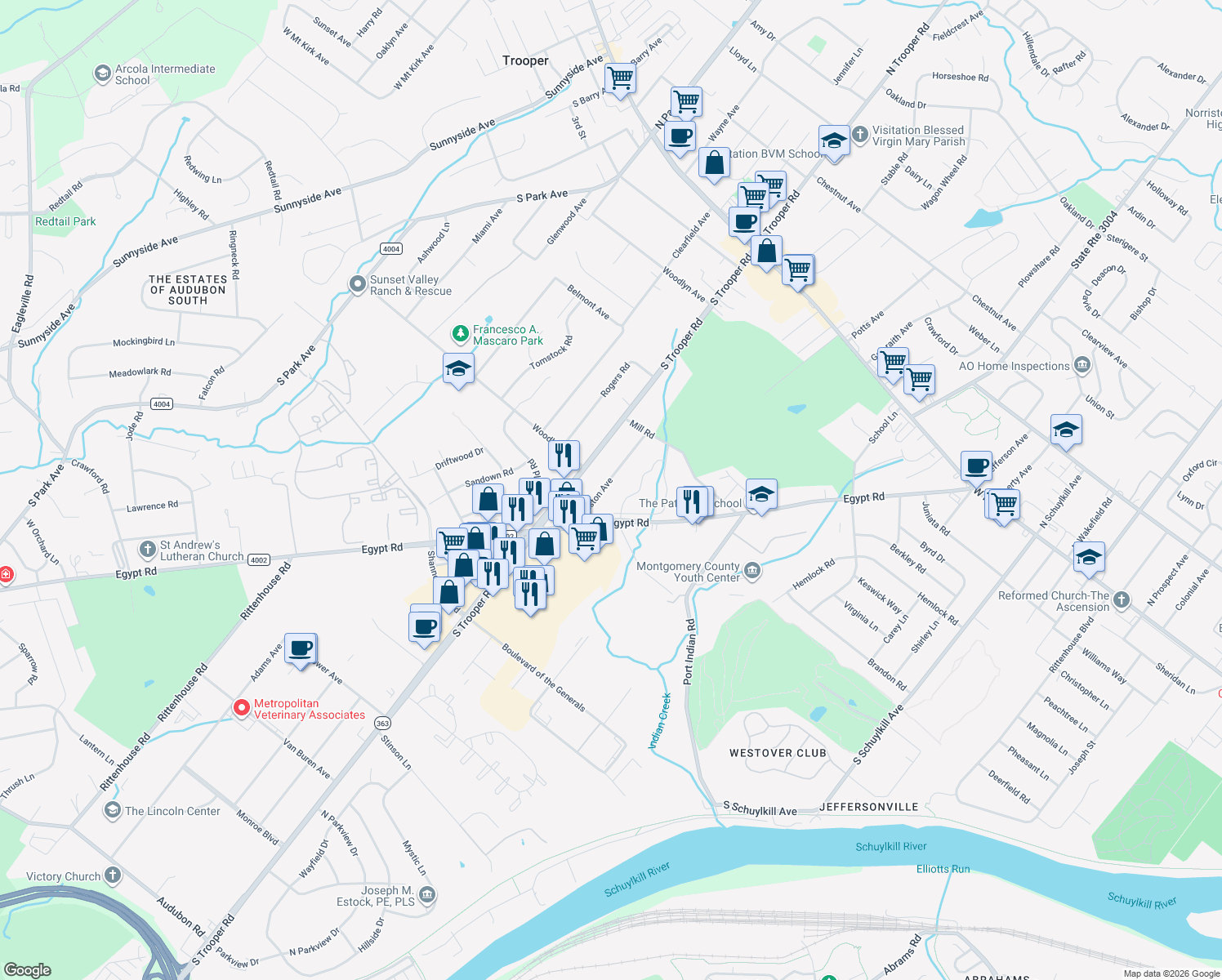 map of restaurants, bars, coffee shops, grocery stores, and more near 404 Heston Avenue in Eagleville