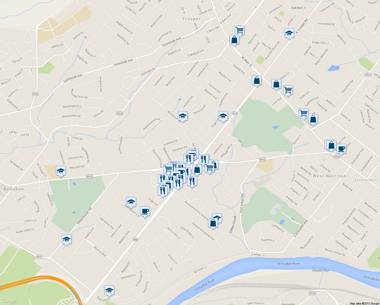 map of restaurants, bars, coffee shops, grocery stores, and more near 35 Brimfield Road in Eagleville