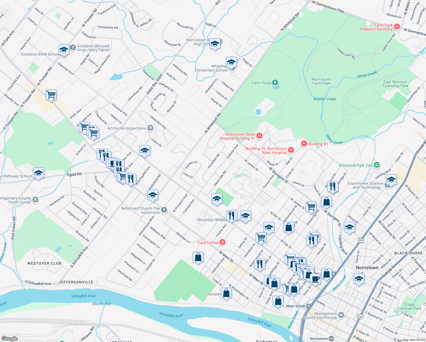 map of restaurants, bars, coffee shops, grocery stores, and more near 133 Colonial Ave in Eagleville
