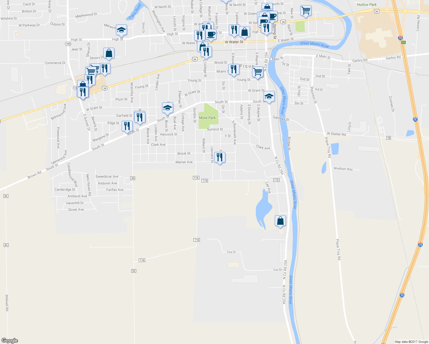 map of restaurants, bars, coffee shops, grocery stores, and more near 1201 Leonard Street in Piqua