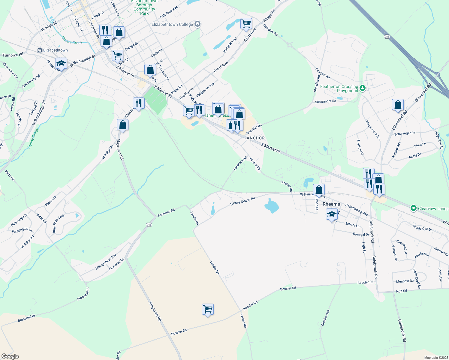map of restaurants, bars, coffee shops, grocery stores, and more near 58 Foreman Road in Elizabethtown