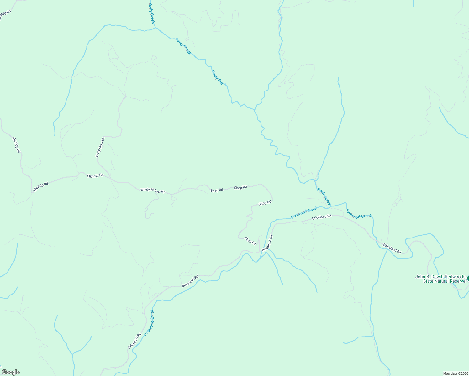 map of restaurants, bars, coffee shops, grocery stores, and more near 1800 Shop Road in Redway