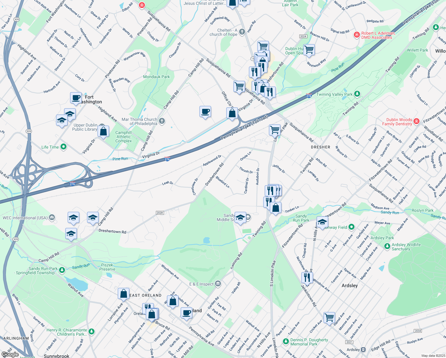 map of restaurants, bars, coffee shops, grocery stores, and more near 410 Bluebird Lane in Dresher