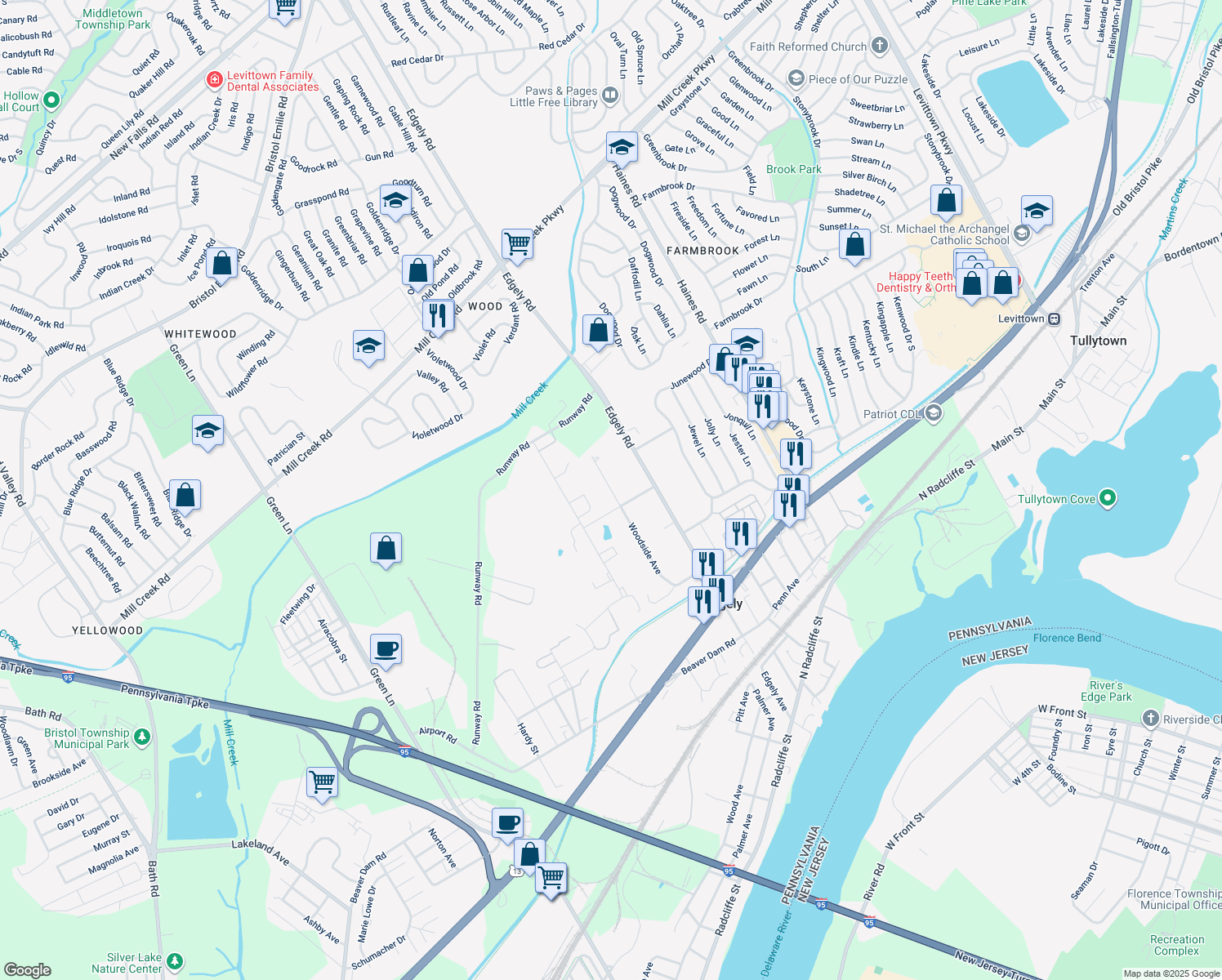 map of restaurants, bars, coffee shops, grocery stores, and more near 58 Woodside Avenue in Levittown