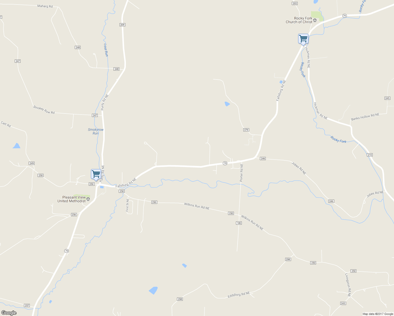 map of restaurants, bars, coffee shops, grocery stores, and more near 6415 Fallsburg Road Northeast in Newark