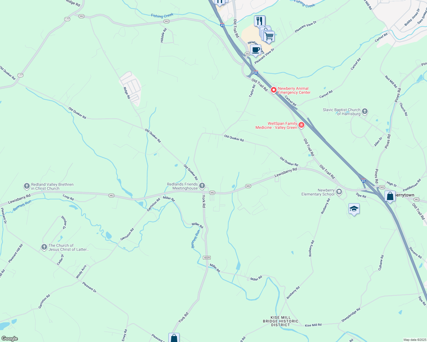 map of restaurants, bars, coffee shops, grocery stores, and more near Old Quaker Road in York Haven
